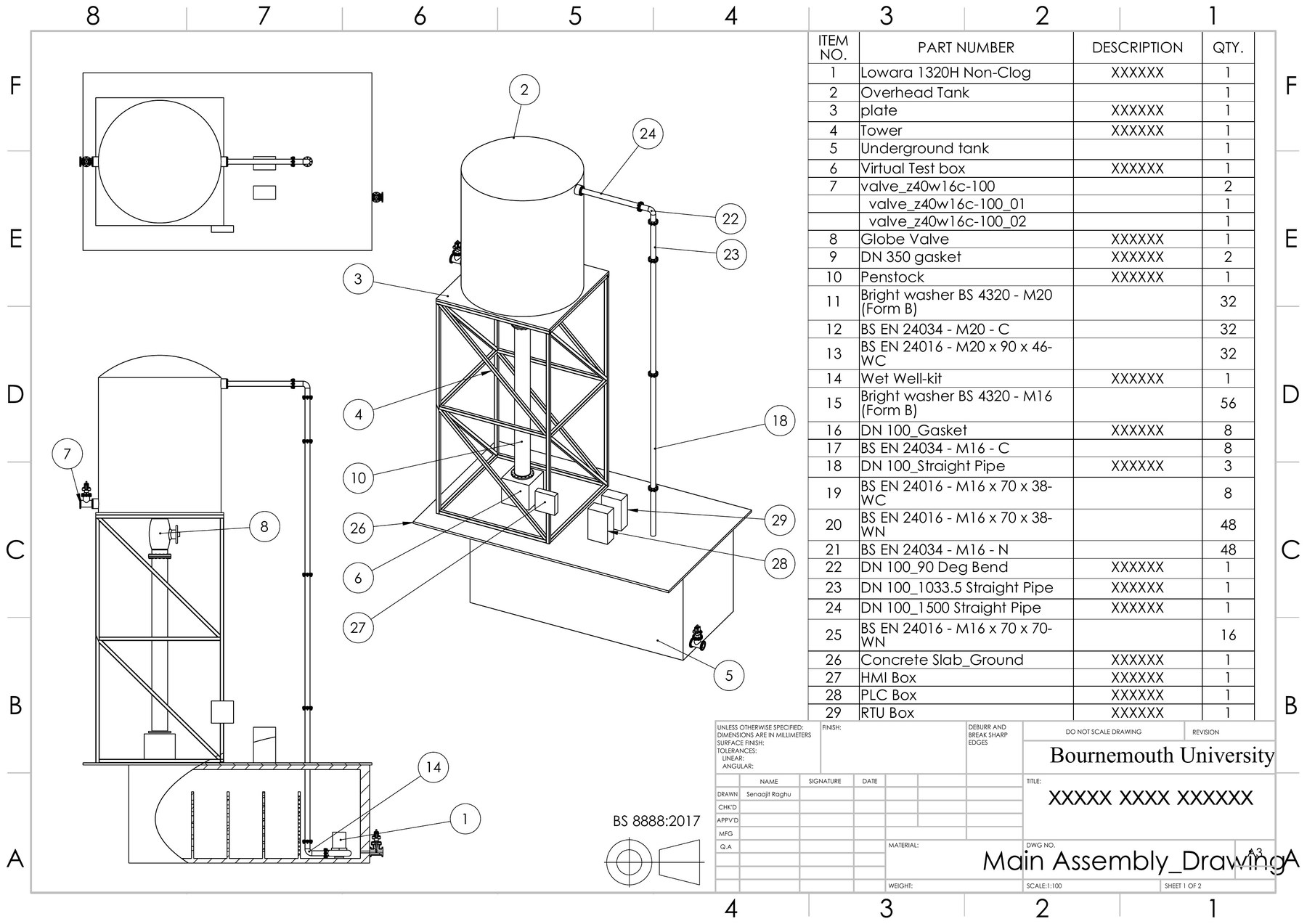 Main assembly drawing of the pico-hydro test rig: isometric and orthographic views with a 29-item bill of materials, drawn to BS 8888