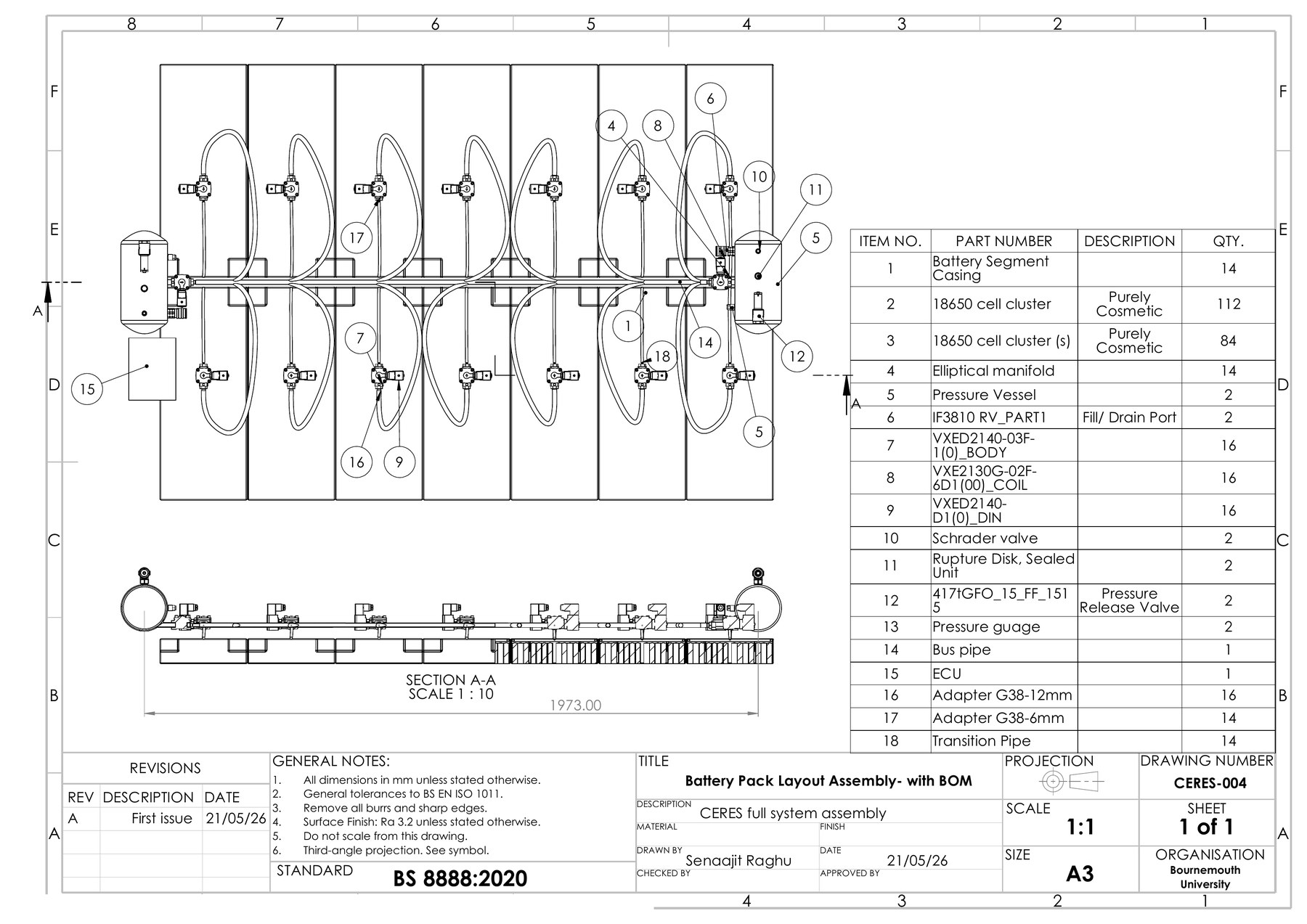 CERES-004 drawing: battery pack layout assembly with full bill of materials, showing the module casings, manifolds, pressure vessels and bus pipe