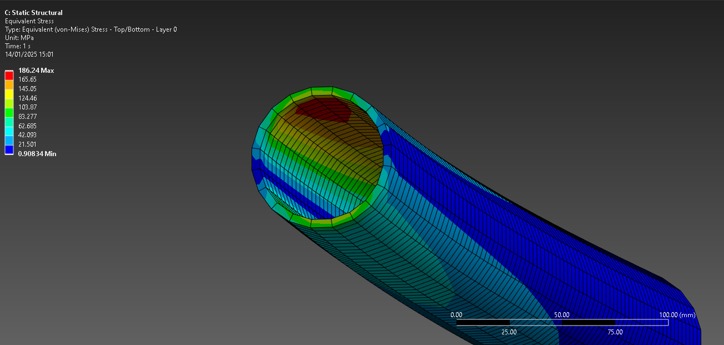 Close-up of the composite tube end showing von Mises stress through the ply layers