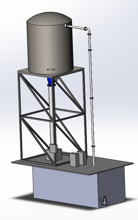 CAD model of the pico-hydro test rig: header tank on a braced steel tower above a sump tank