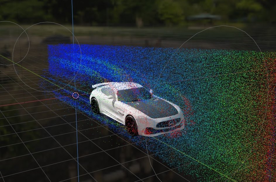 Blender particle simulation of airflow around a car, coloured by velocity