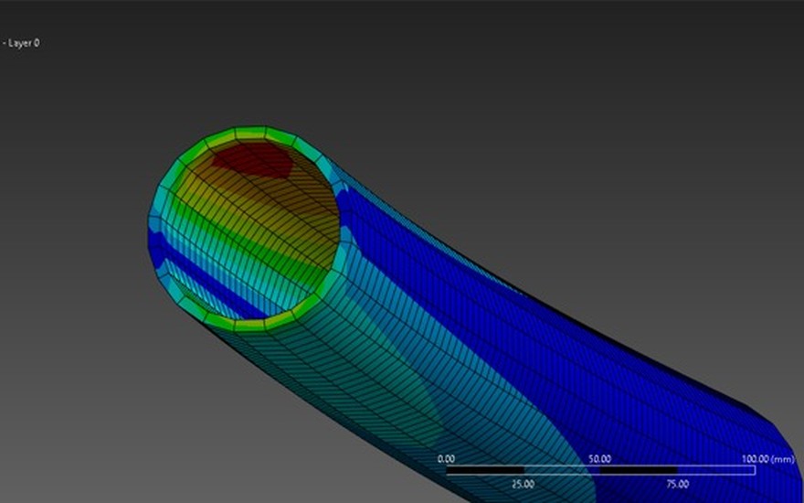Von Mises stress through the plies at the end of a composite tube, Ansys