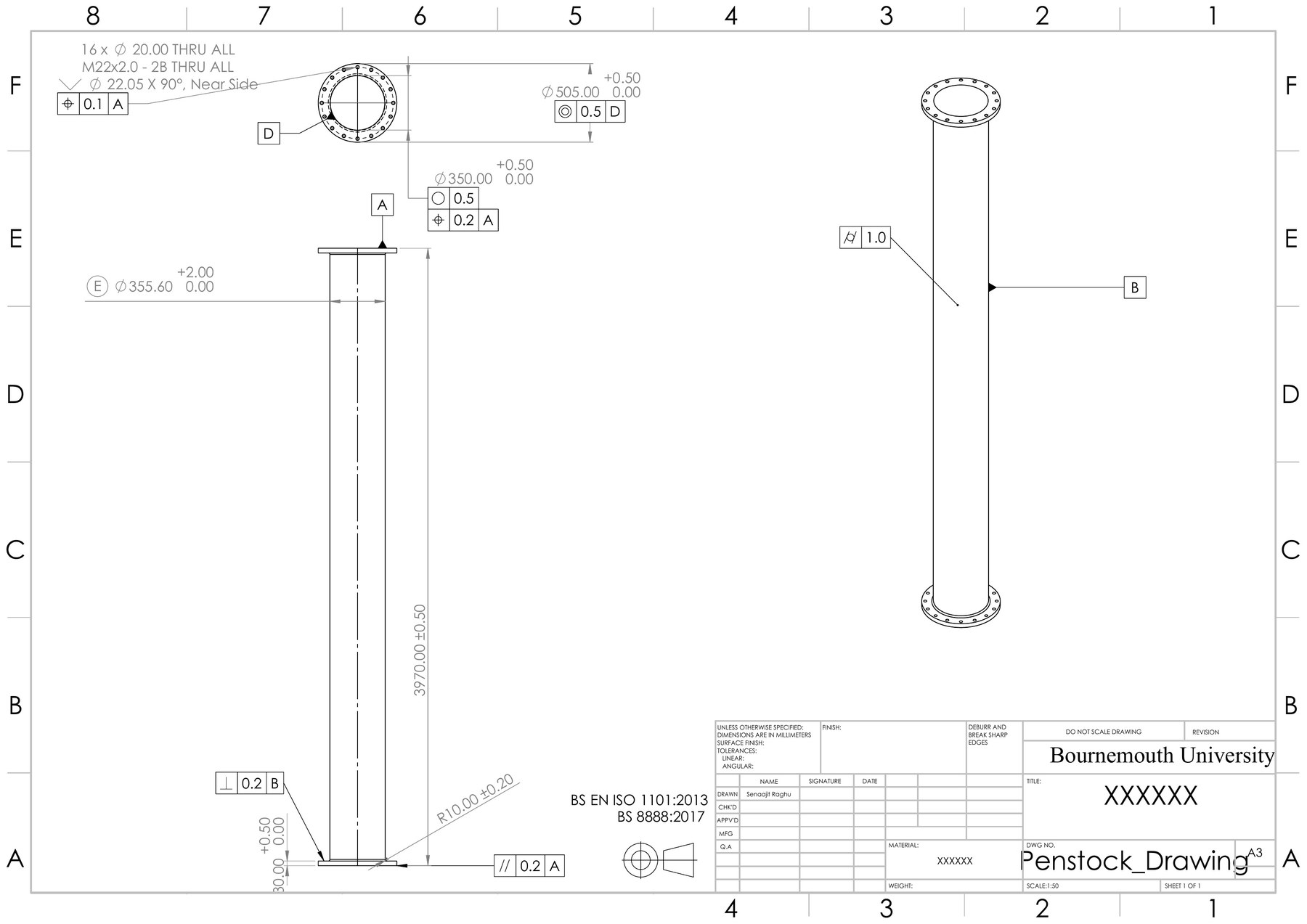 Penstock pipe detail drawing with full GD&T toleranced dimensions: flatness, position, profile, perpendicularity, parallelism and cylindricity callouts
