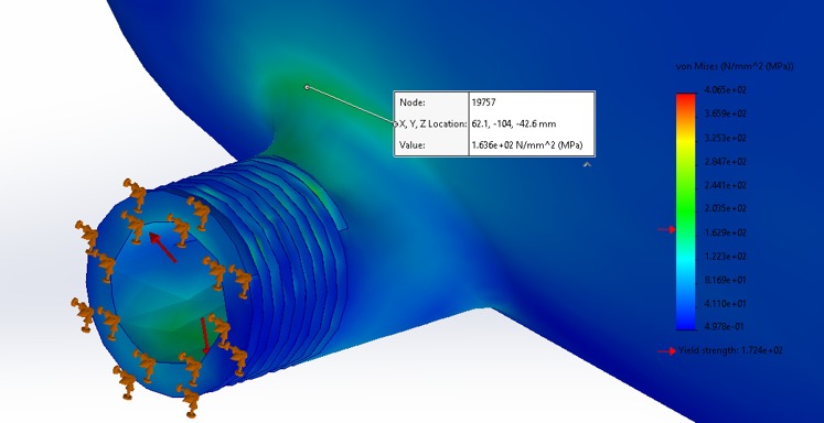 FEA von Mises stress plot of the pressure vessel weld, peak 163.6 MPa against a 172.4 MPa yield strength