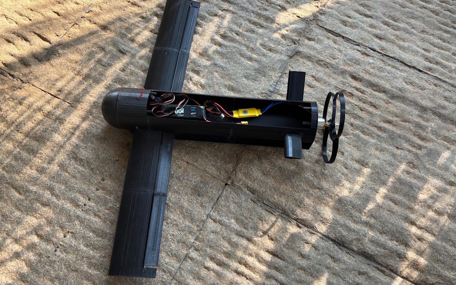 3D-printed Project Husk UAV airframe with electronics bay open