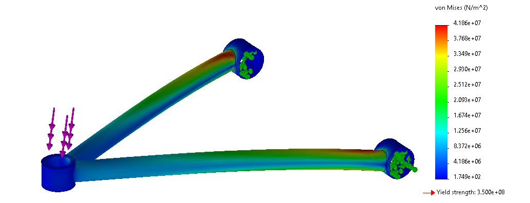 FEA von Mises stress plot of the lower wishbone, peak 41.9 MPa against a 350 MPa yield strength